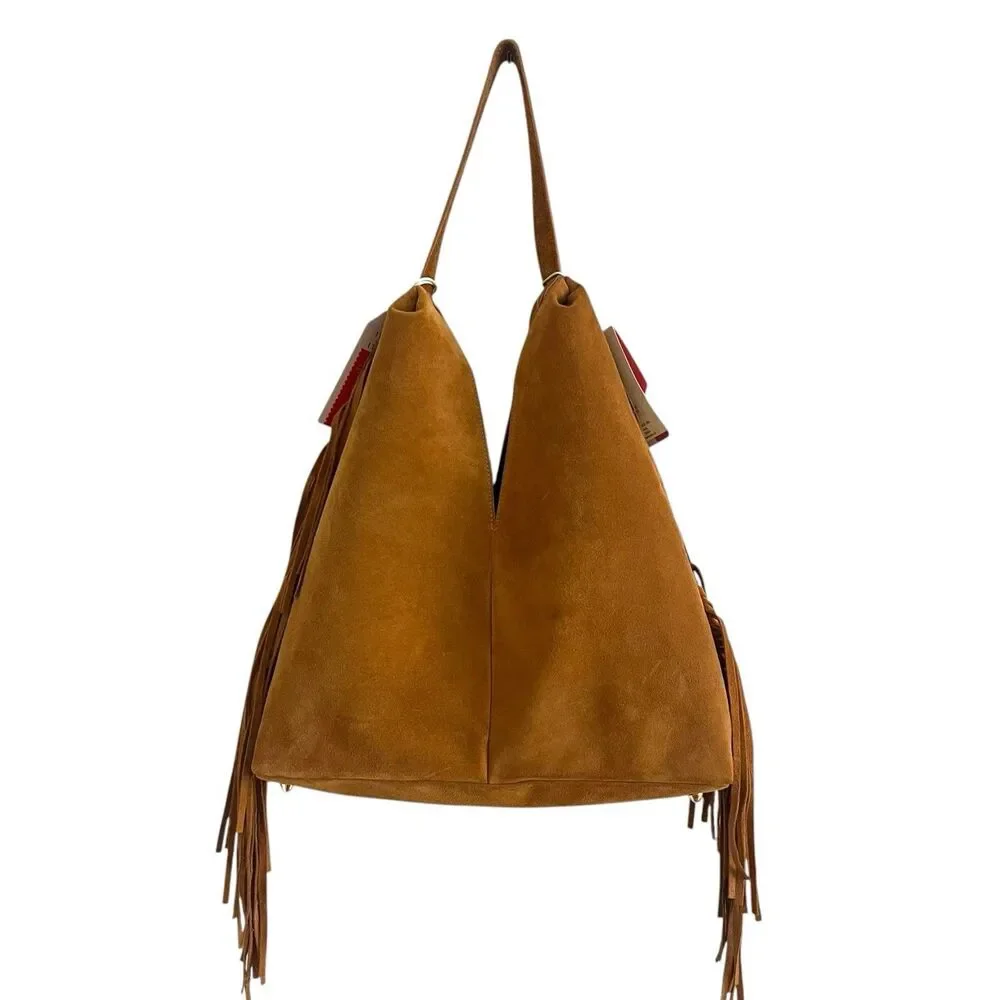 Divina Firenze Brown Suede Fringe Hobo Tote Bag Made In Italy Western Boho NWT - Picture 4 of 14